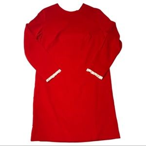 Vintage | Handmade Red Velvet White Lace High Collar Shift Dress | S